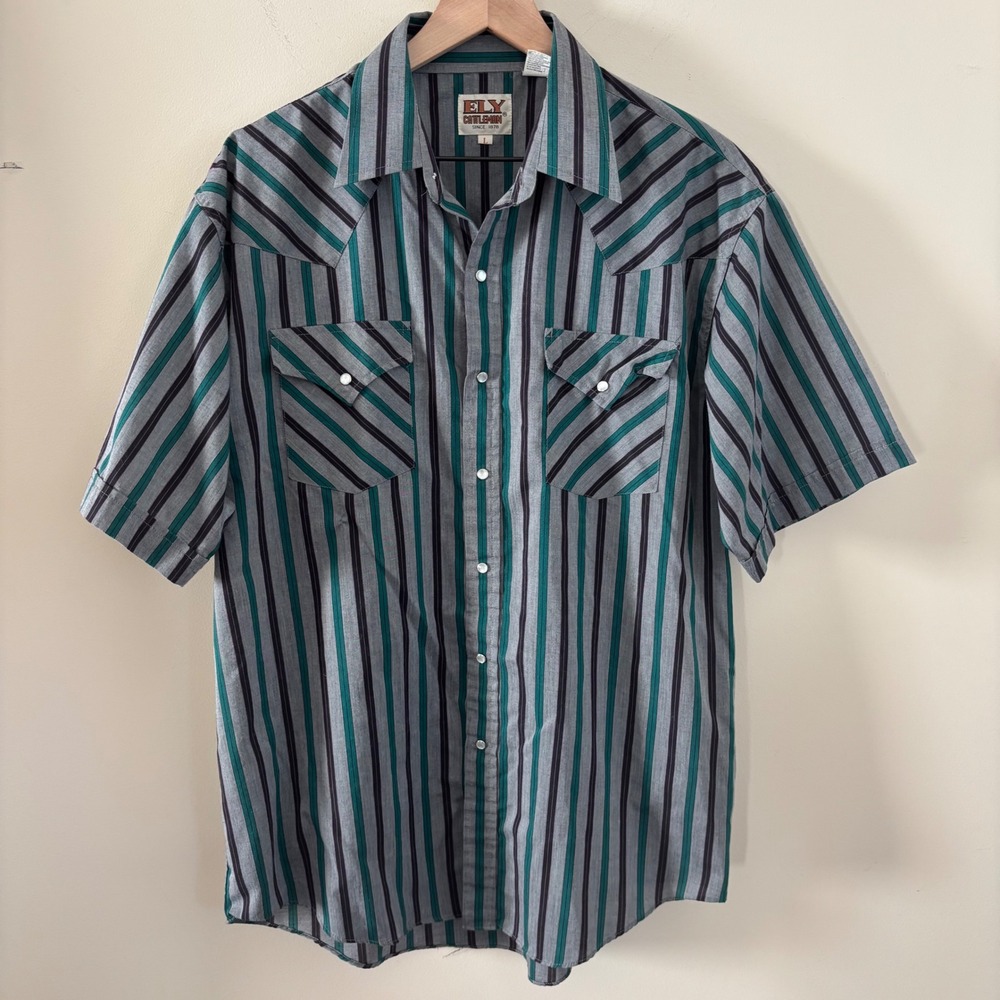 Ely Cattleman Mens Striped Western Pearl Snap Shirt Short Sleeve Grey Teal Large